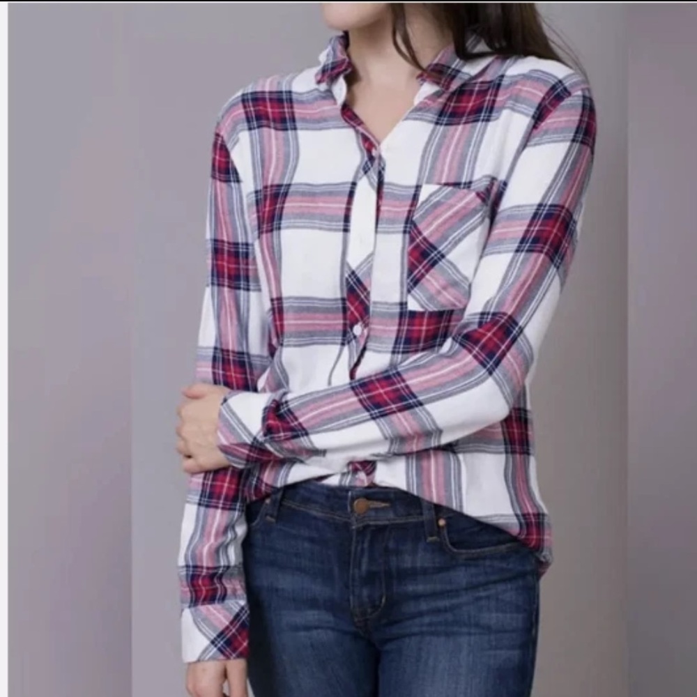 Rails Hunter White Rose Navy Plaid Long Sleeve M Medium 100% Rayon